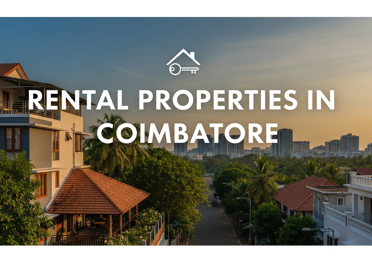 Residential rental properties in Coimbatore, featuring modern homes, lush greenery, and a city skyline at sunset.