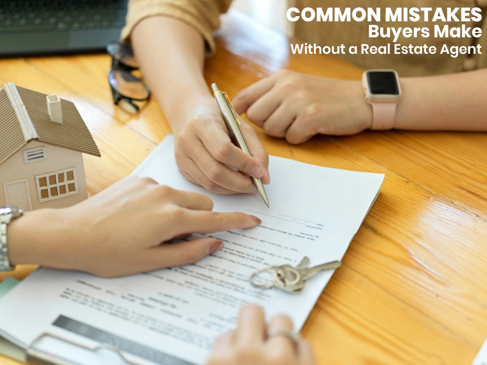 A couple reviewing property documents with a real estate agent, highlighting common mistakes buyers may make when purchasing a home without professional guidance.