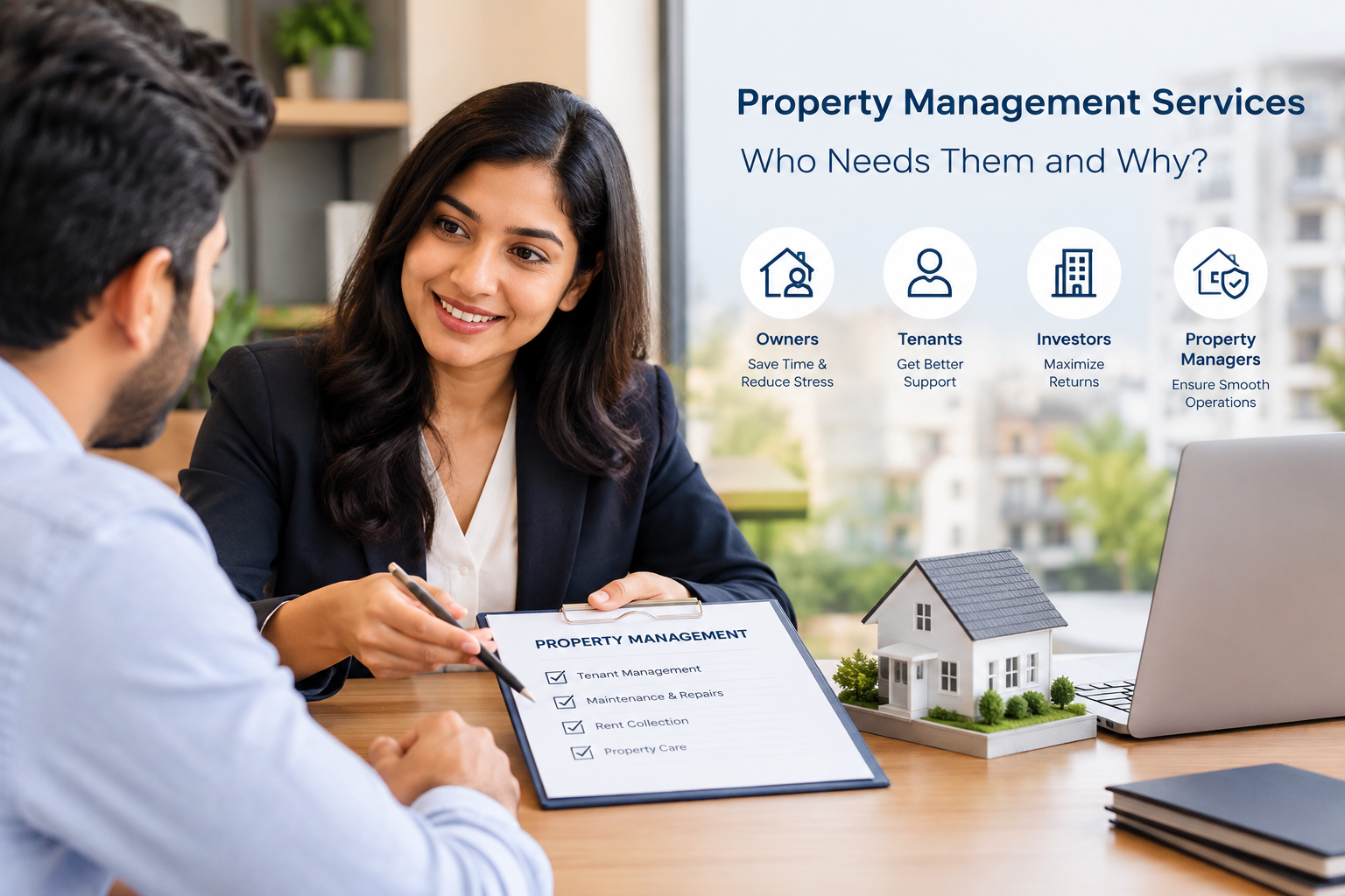 Real estate professional discussing property management services with a client, covering rental management, maintenance, and property care.