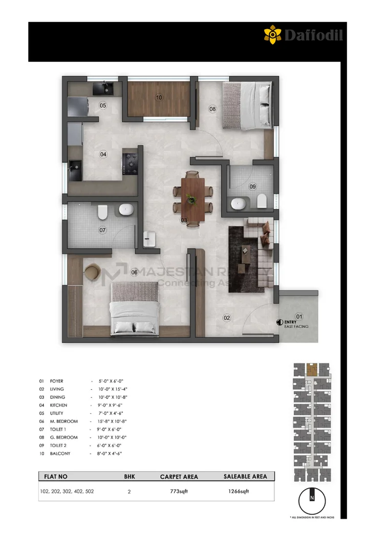 2 BHK 1,266 sq.ft 2BHK -B floor plan for Greenfield Daffodil
