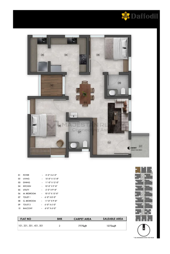 2 BHK 1,273 sq.ft 2BHK -A floor plan for Greenfield Daffodil
