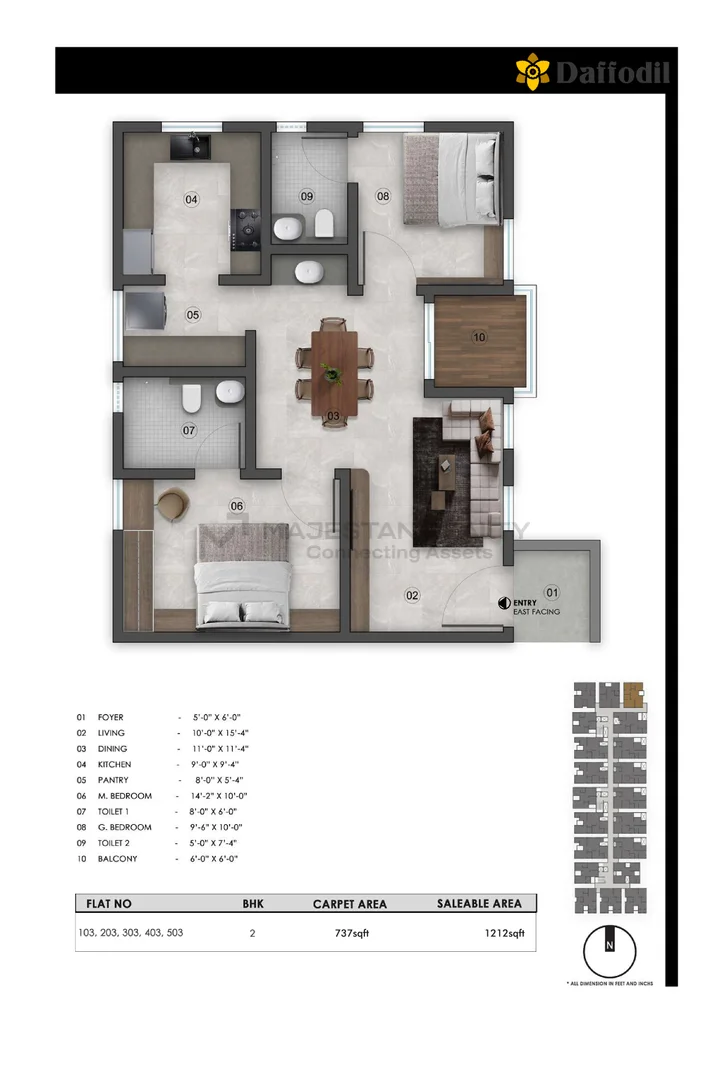 2 BHK 1,212 sq.ft 2BHK -C floor plan for Greenfield Daffodil