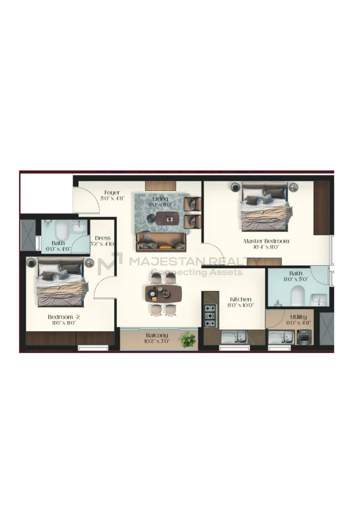 2 BHK 1,124 sq.ft 2BHK - B floor plan for Vrindhavana Adhira