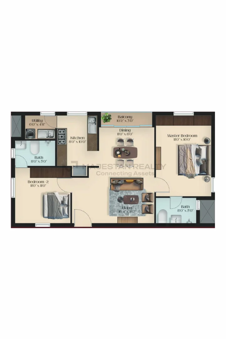 2 BHK 1,149 sq.ft 2BHK-D floor plan for Vrindhavana Adhira