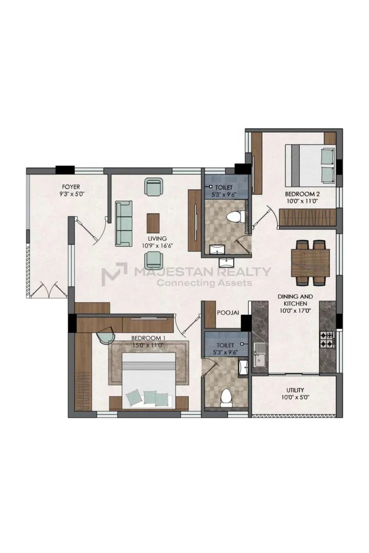 2 BHK 1,270 sq.ft 2BHK- A floor plan for Velar Urban Square