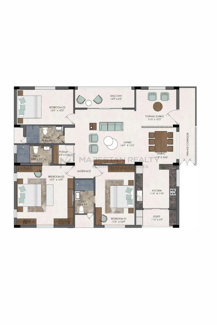 3 BHK 2,260 sq.ft 3BHK -B floor plan for Velar Urban Square