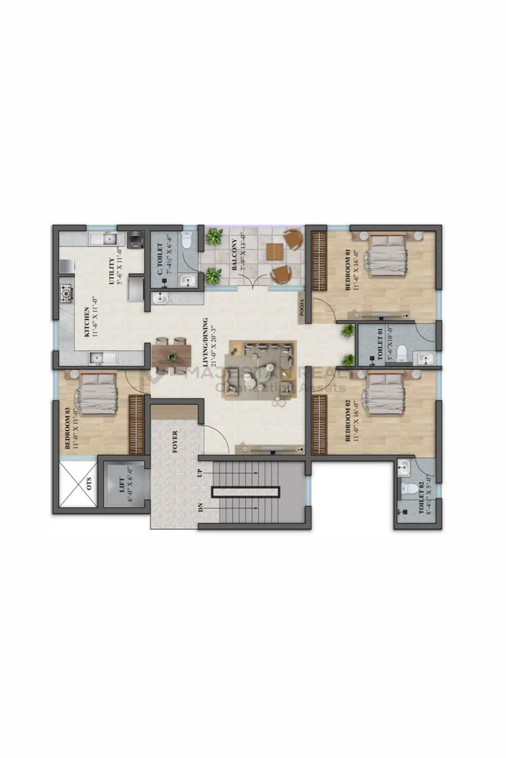 3 BHK 1,753 sq.ft 3BHK-B floor plan for Auraa Sampoorna Dhaya